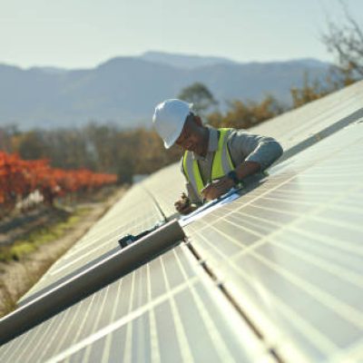 Black man, engineer or solar energy management in electricity sustainability, solar panels or sun grid plant. Worker, employee or technician on renewable energy farm, biodegradable environment or eco